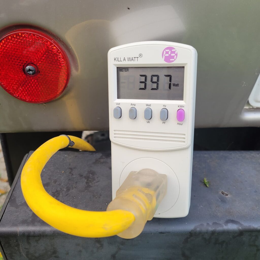 Photo of power meter reading 397 watts
