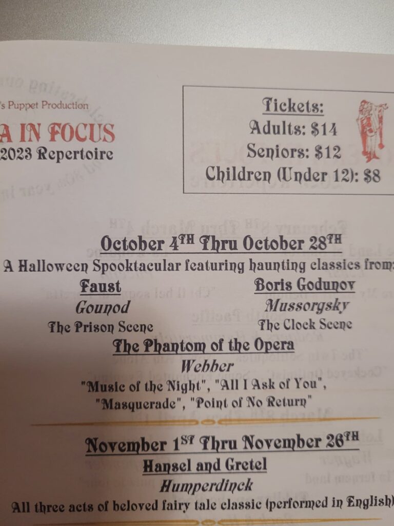 Program from Opera in Focus puppet theatre