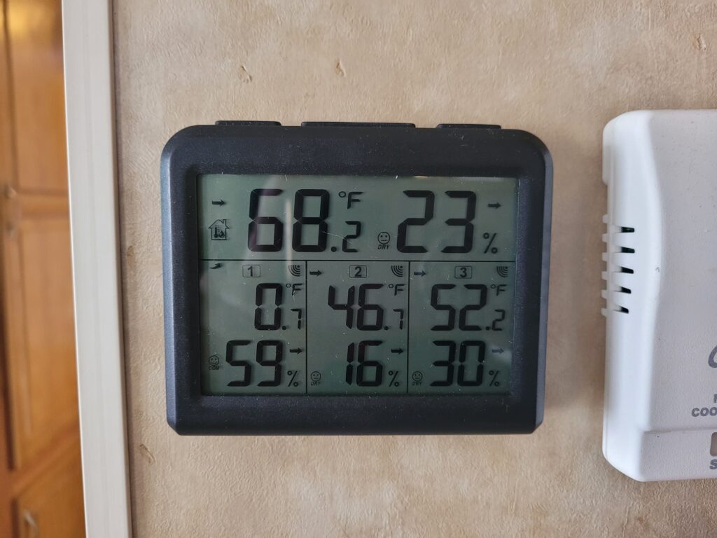 Photo of RV thermometer showing winter temperatures