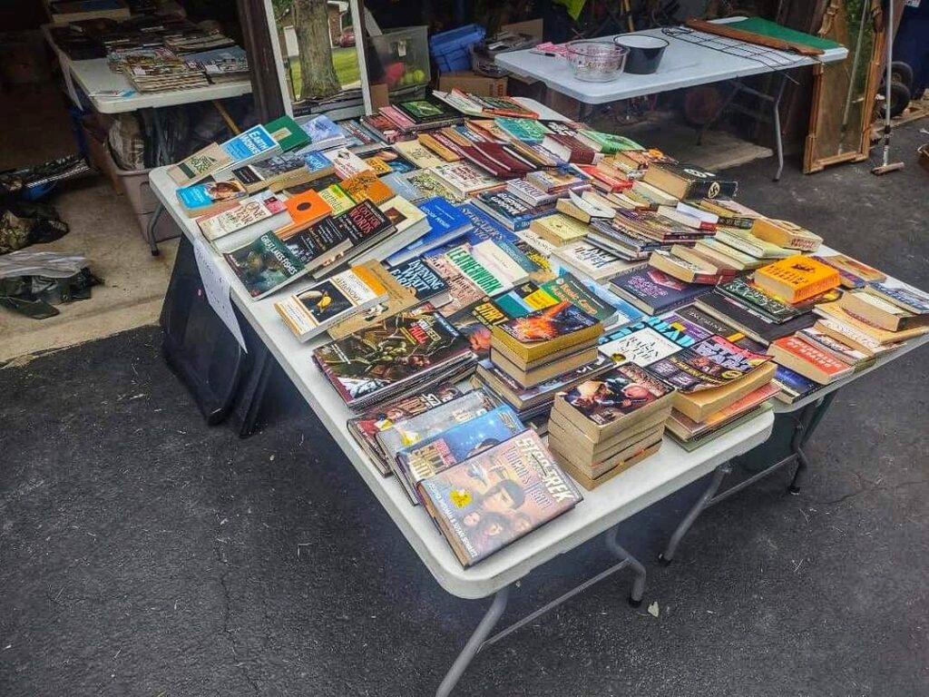 Photo from garage sale of books for sale