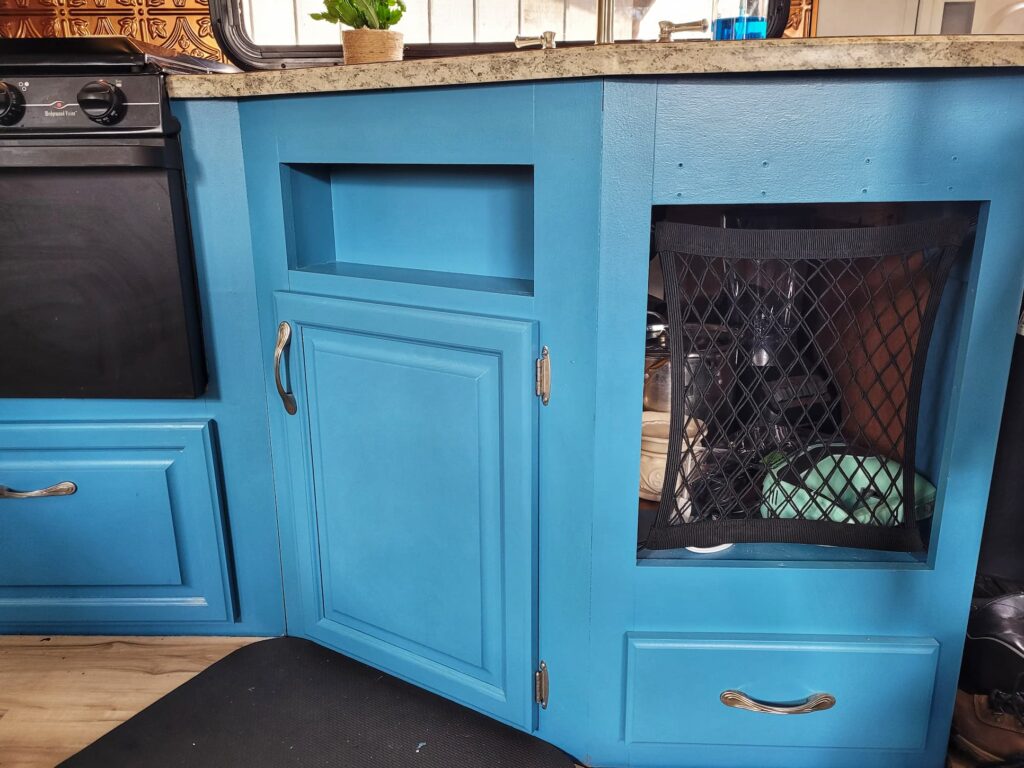 Photo of RV cabinets painted blue