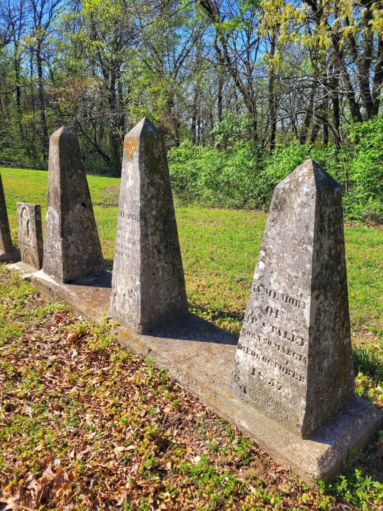 Photo of pyramid shaped tombstones at Garrison Hill cemetery