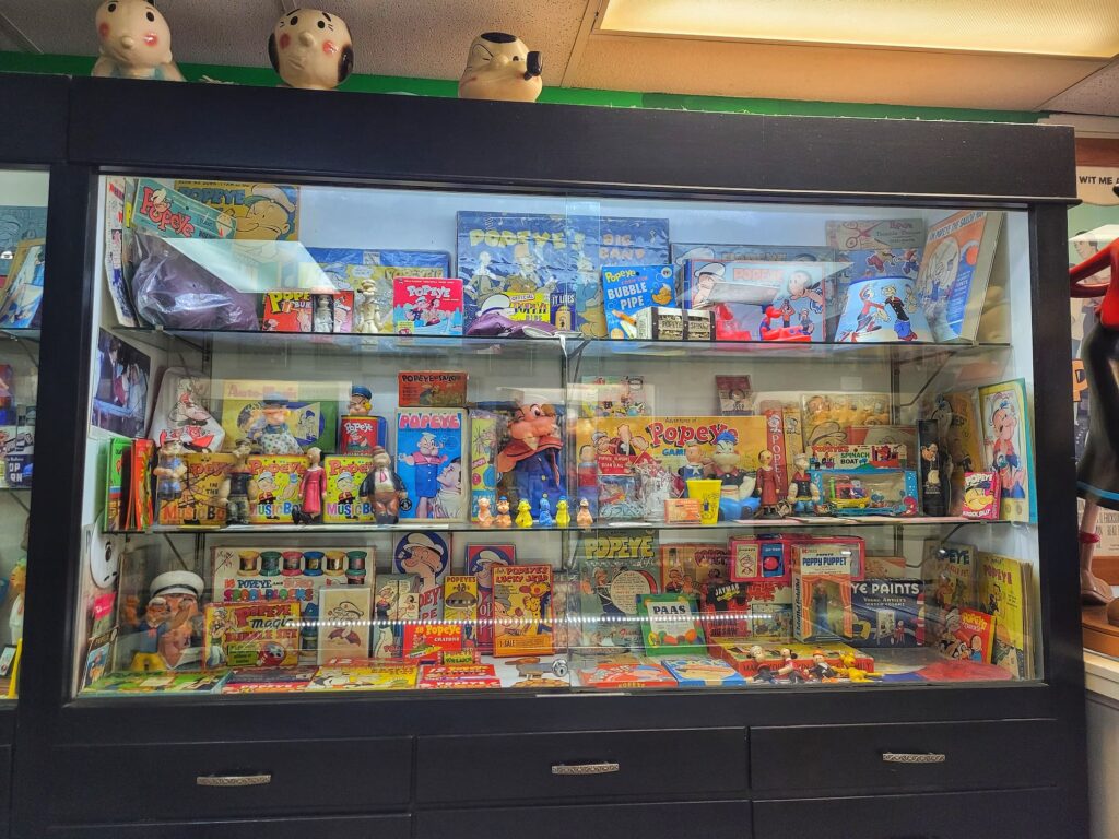 Display of Popeye items at Spinach Can Collectibles in Chester Illinois