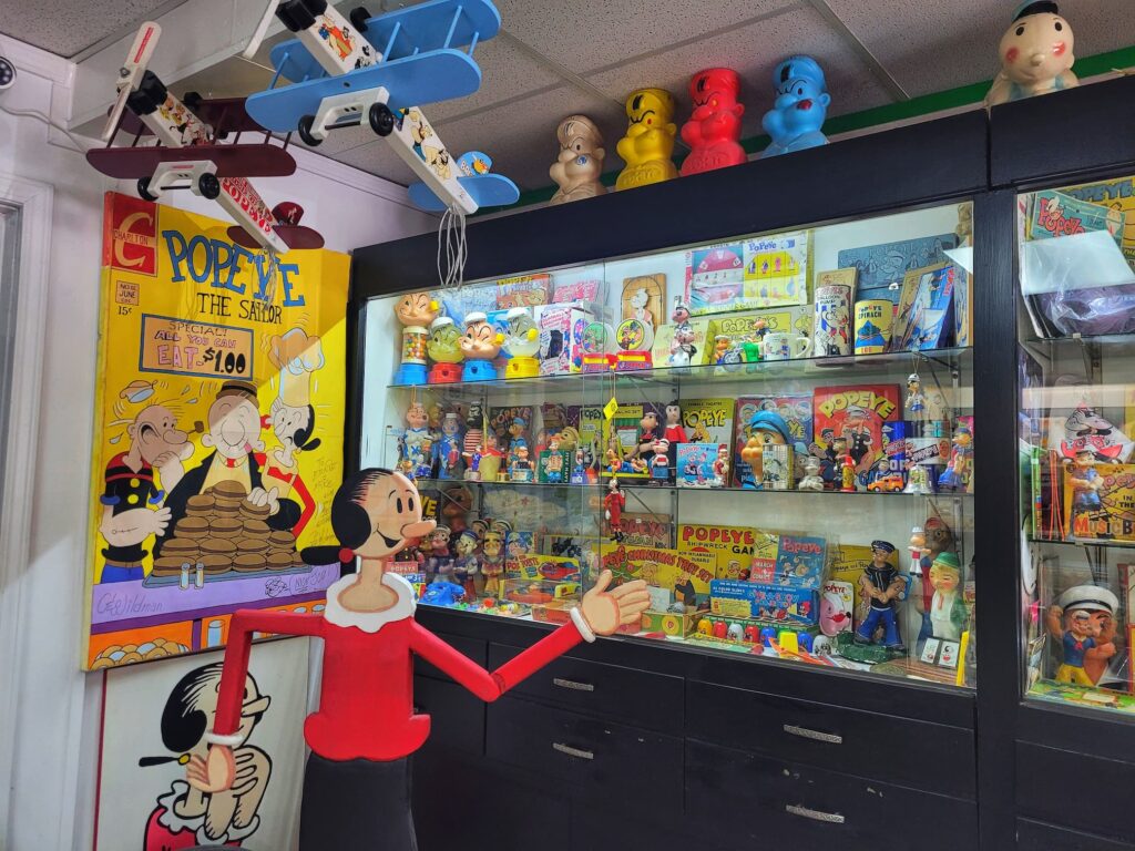 Display of Popeye items at Spinach Can Collectibles