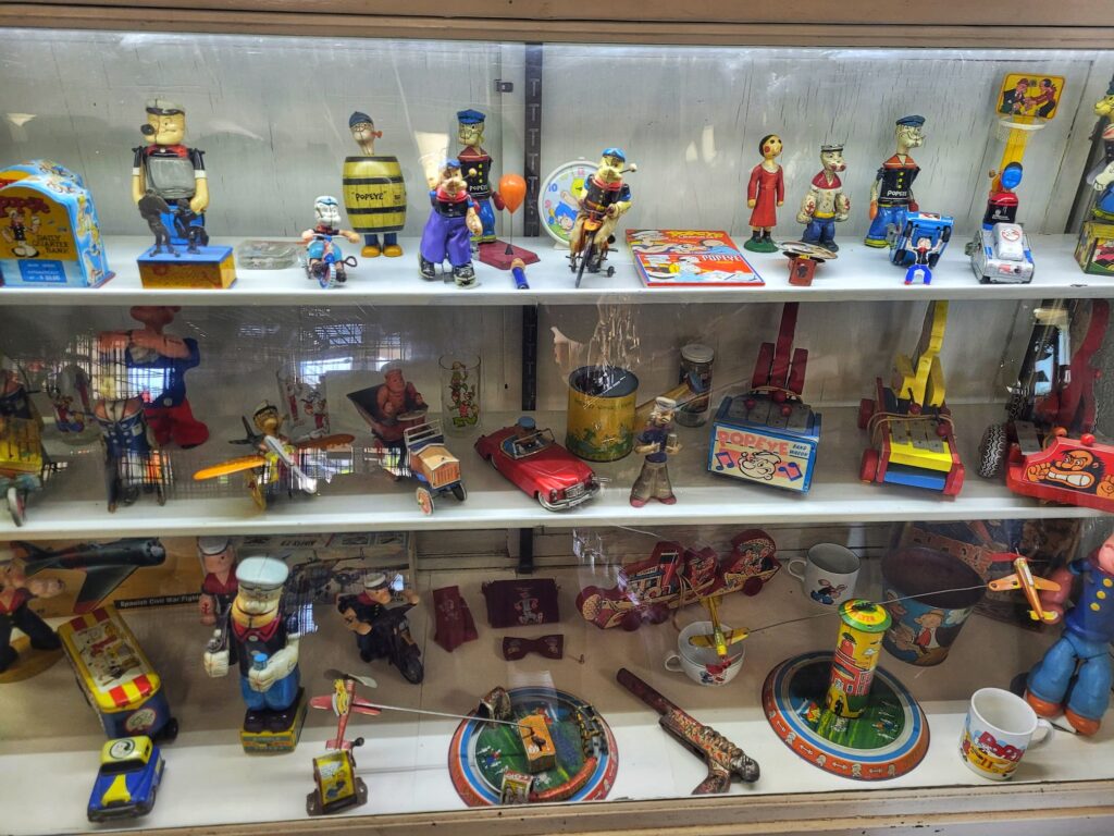 Display of Popeye items at Spinach Can Collectibles