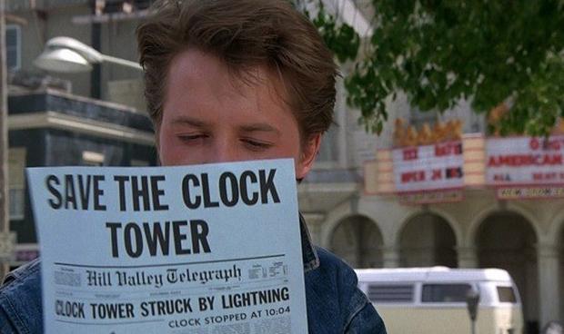 Movie still from Back to the Future of Save the Clock tower flyer