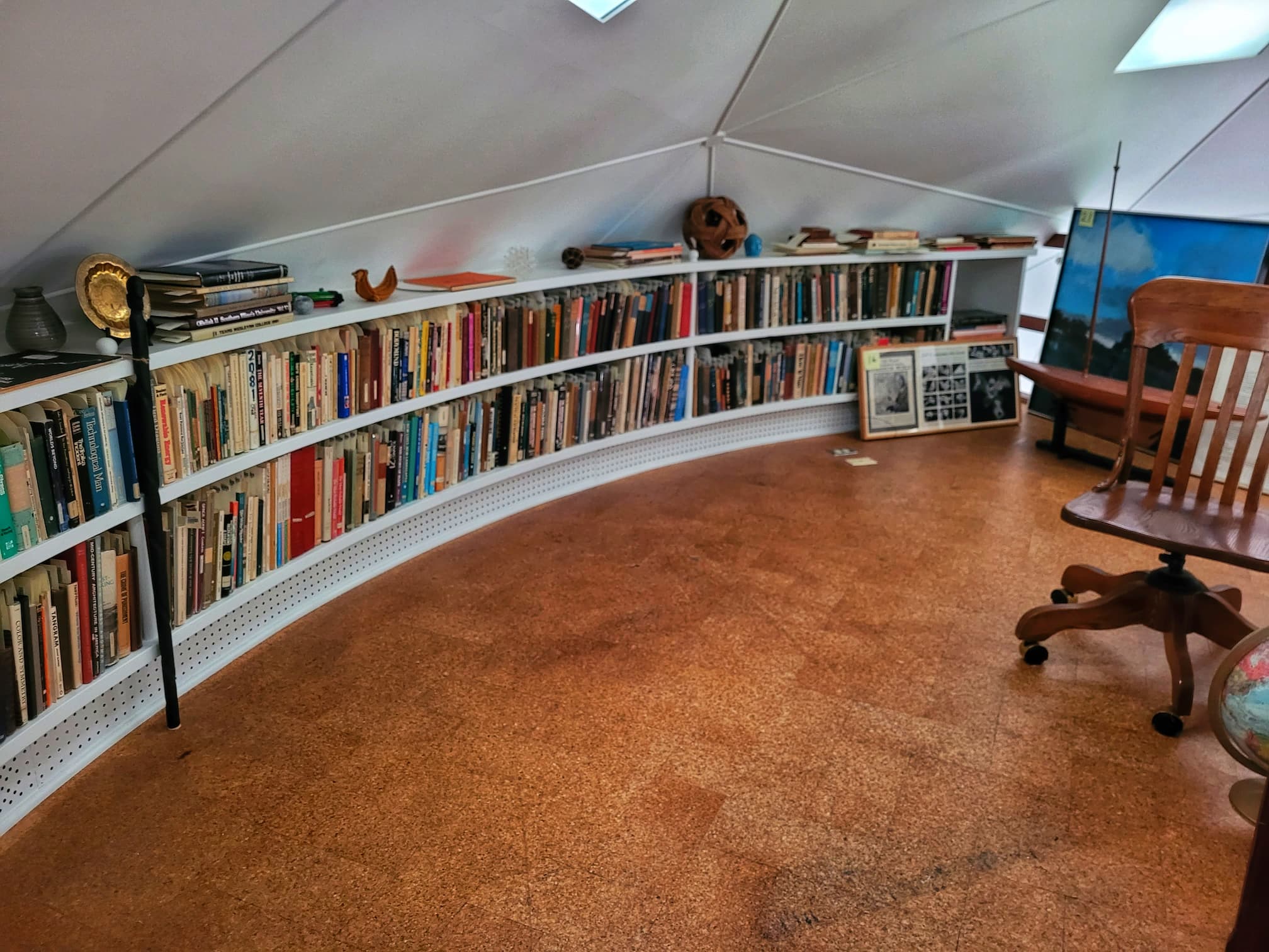 buckminster fuller's library in loft of bucky dome home