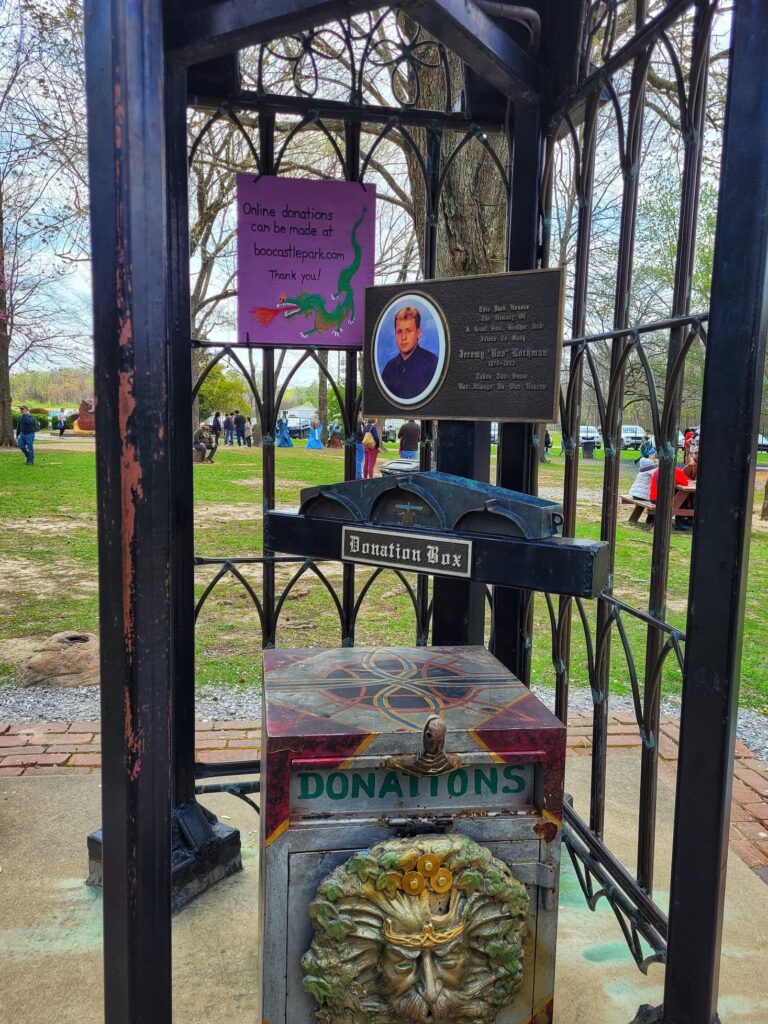 photo of memorial and donation box at Boo Castle Park