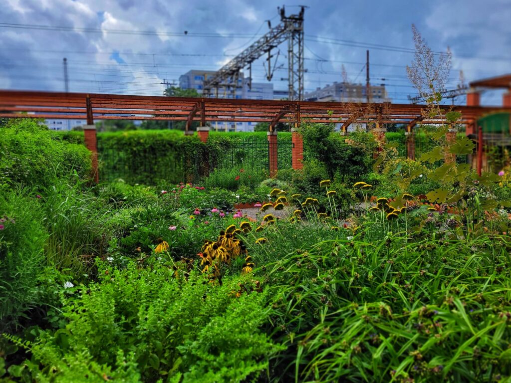 photo of train tracks in the distance of zagreb botanical garden