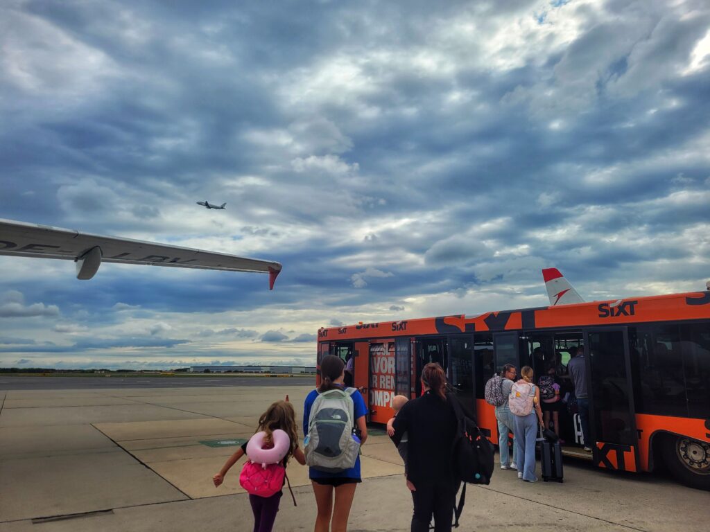 photo of us getting on a shuttle on the tarmac