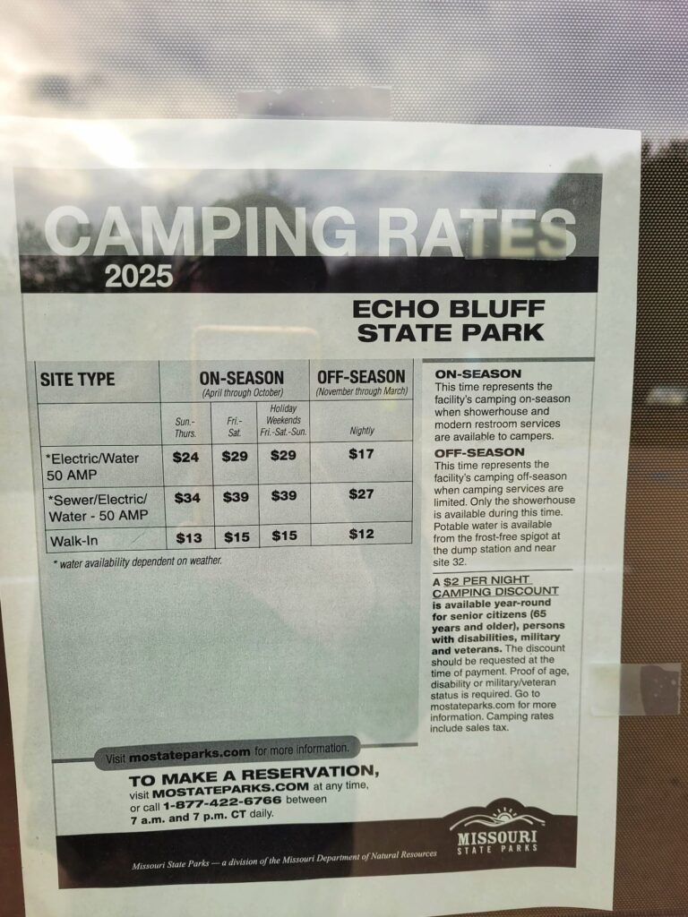 photo of sign at echo bluff with off season camping prices