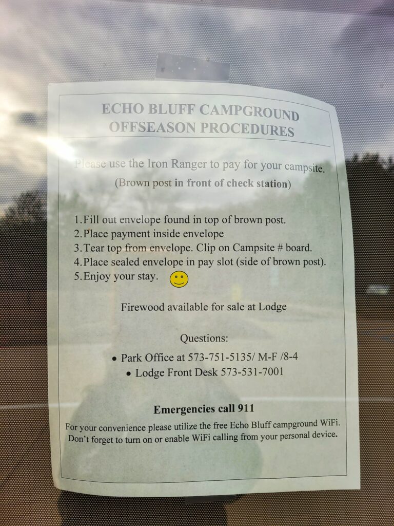 photo of sign at echo bluff with off season camping procedures