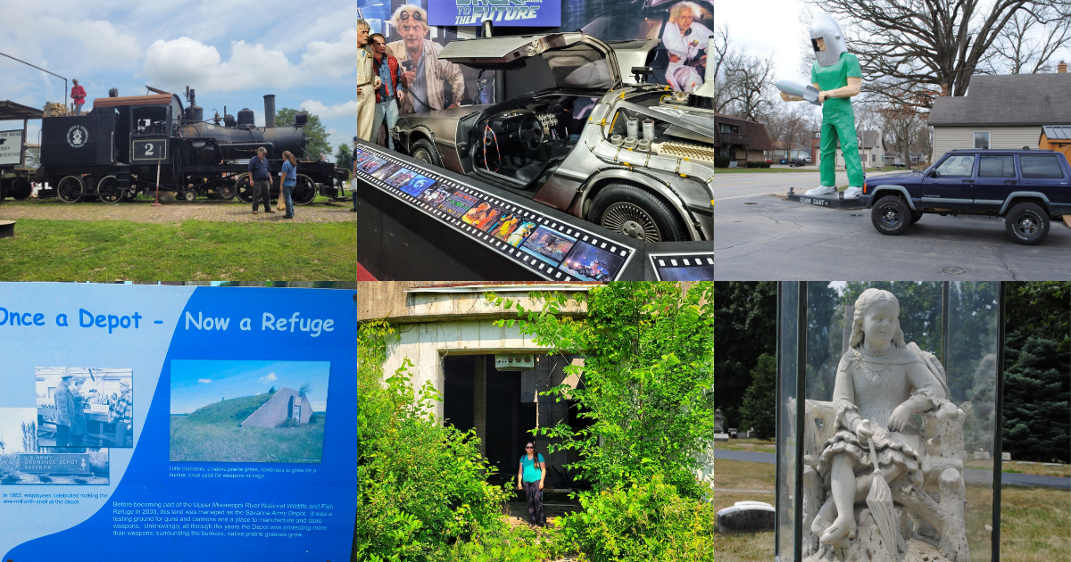 photo of silver creek and stephenson railroad, historic auto attractions, gemini giant, savanna army depot sign, hanover earth station, and inez clarke grave