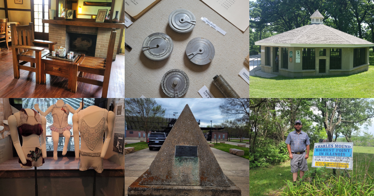 photo of fabyan villa, fabyan bear pavilion, mclean county history museum, saluki tomb, and charles mound