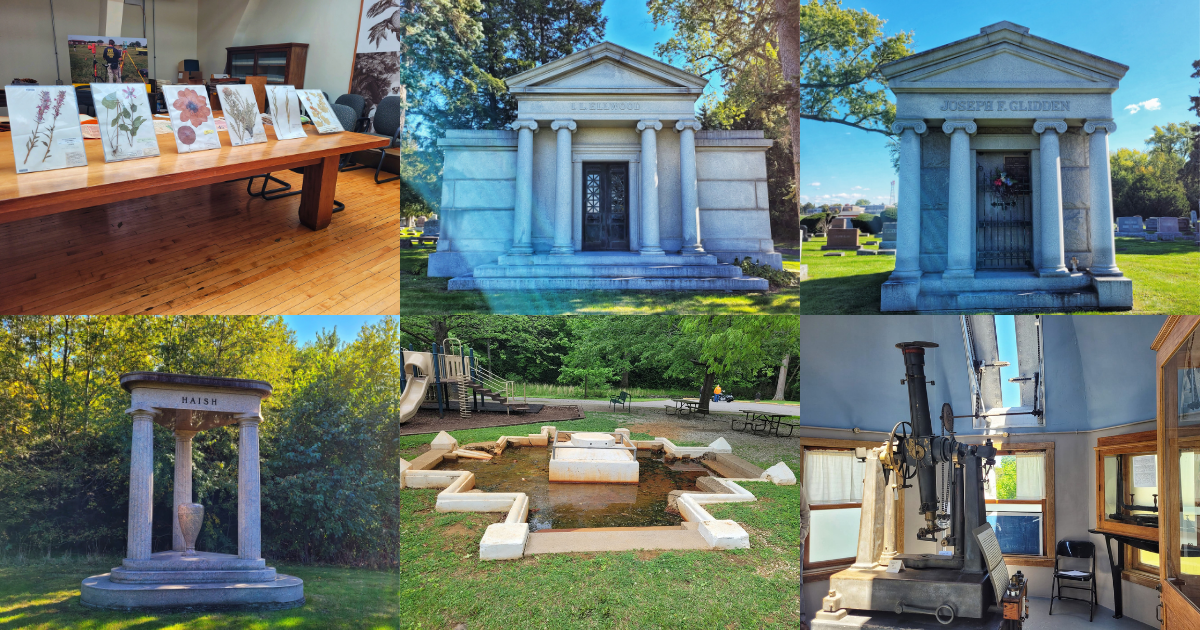 photo of field museum herbarium, barbed wire inventor graves, dixon springs, and elgin watch observatory