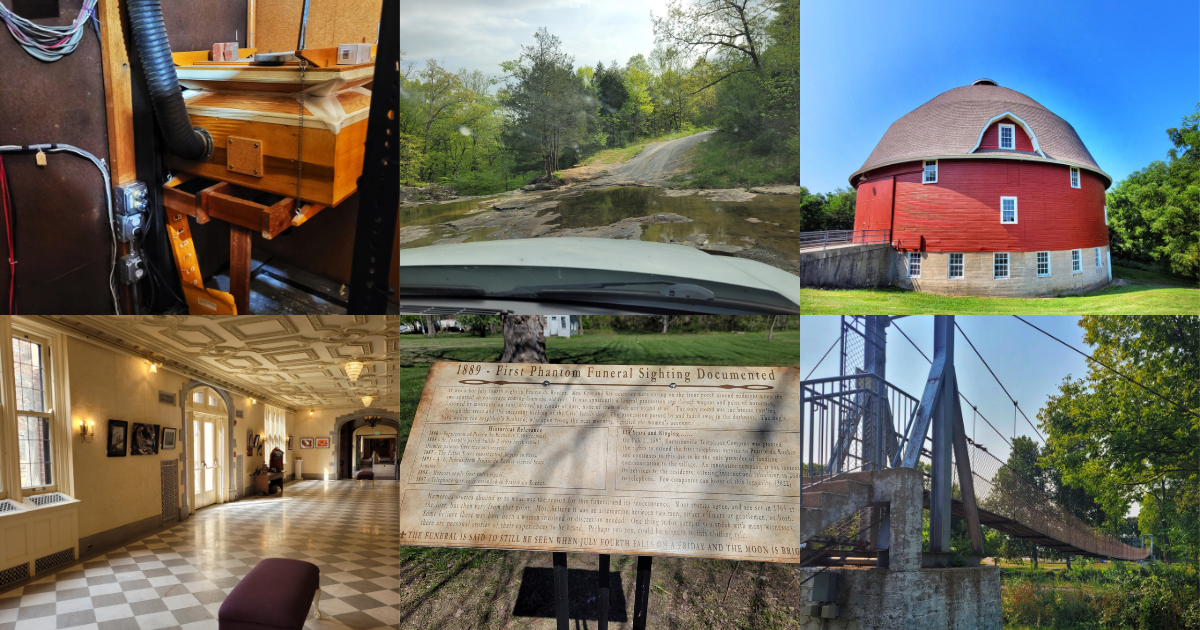 photo of organ, borks falls, johnson sauk round barn, mayslake peabody estate, first phantom funeral sighting sign, and belvidere bridge