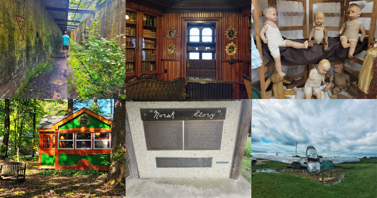 photo of atwood park, tinker swiss cottage, creepy dolls, good templar swedish cottages, norway marker, and agricultural crash memorial