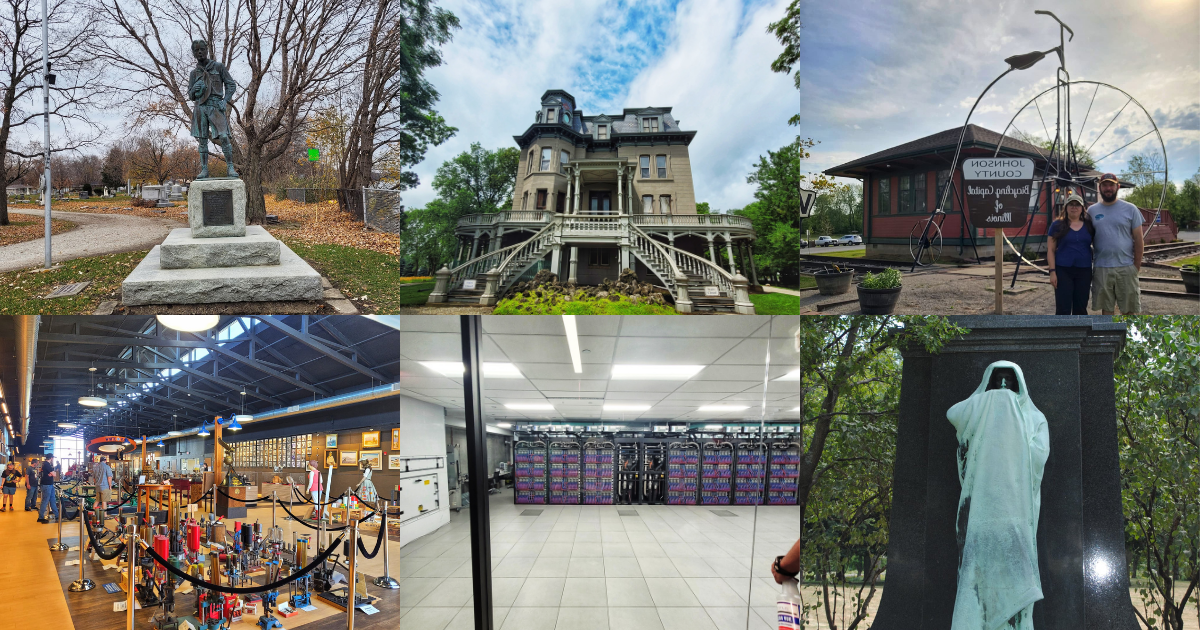 photo of boyce statue, hegler carus mansion, vienna big bike, trapshooting hall of fame, aurora supercomputer, and eternal silence