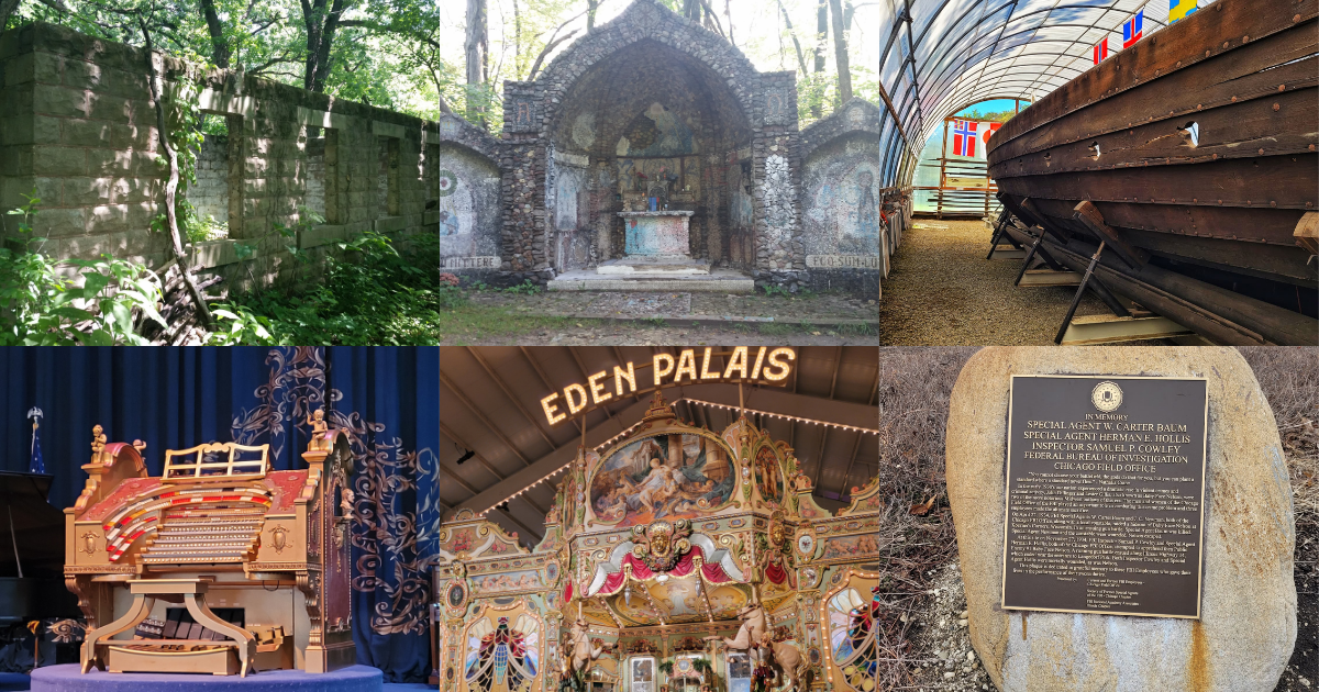 photo of st charles monkey house, geneva shrine, viking ship, san filippo estate, and babyface nelson plaque