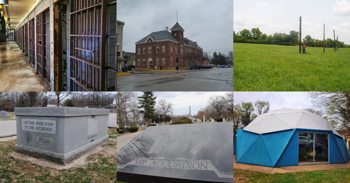 photo of joliet prison, lincoln il phonebooth, woodhenge, mr accordion grave, and bucky dome