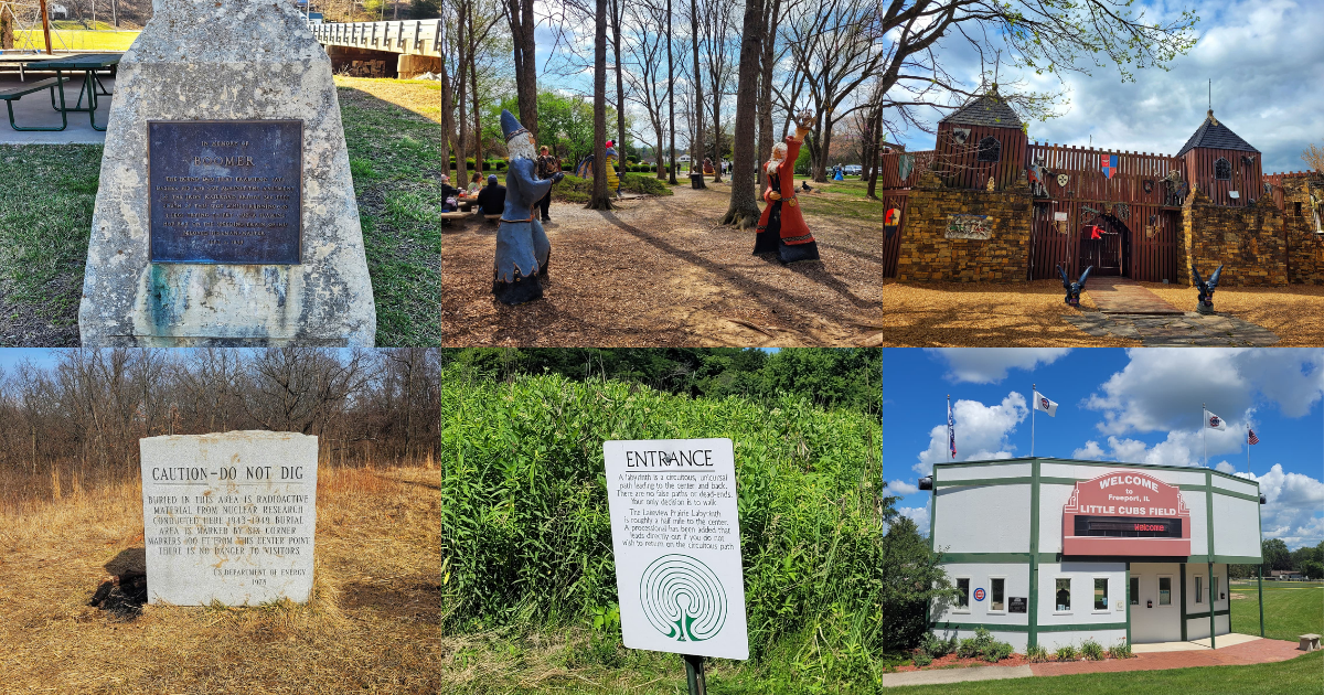 photo of boomer monument, castle park, buried nuclear reactor, prairie labyrinth, and little cubs field