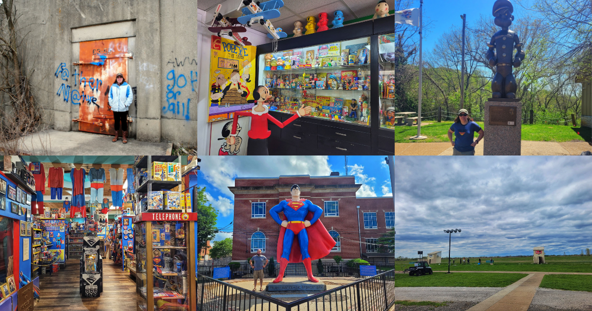 photos of joliet ammunition bunkers, popeye museum and statue, superman museum and statue, and world shooting complex