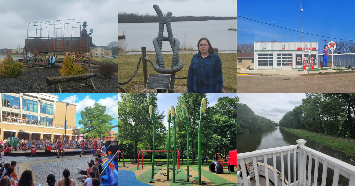 photo of railsplitter wagon, largest square knot, american giants museum, corn circus, corn playground, and i&m canal boat
