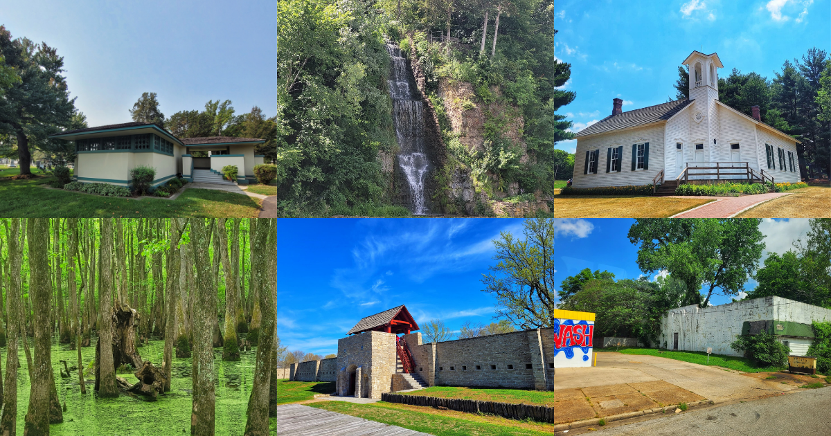 photo of pettit chapel, krape park, chana school, cache river, fort de chartres, and cairo