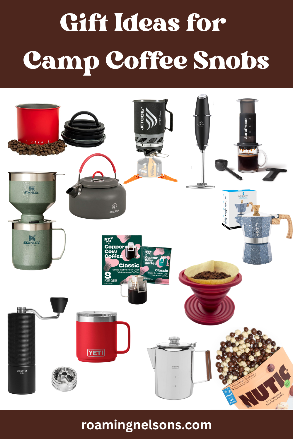 graphic showing gift ideas for camp coffee snobs