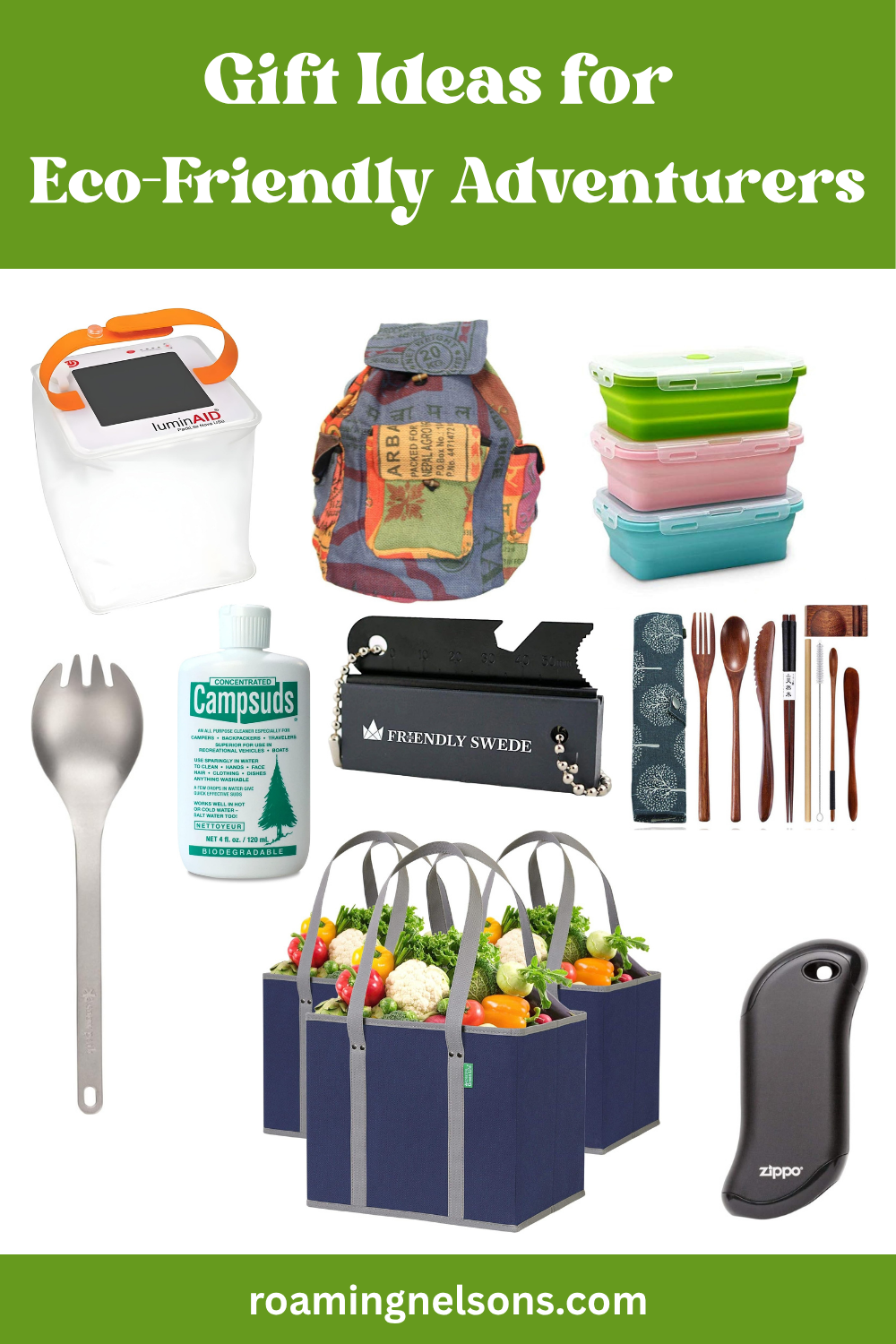 graphic showing gift ideas for  eco friendly adventure