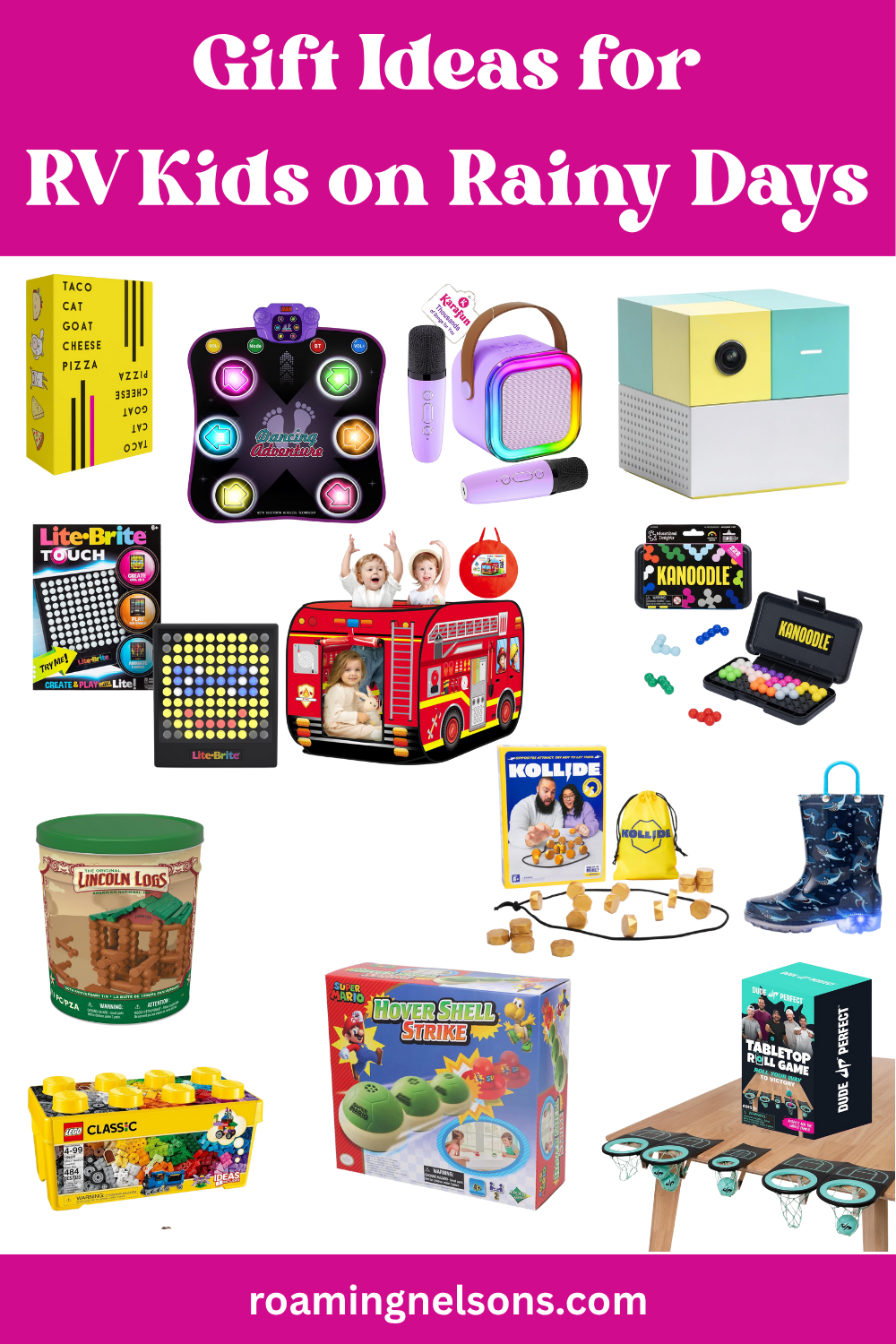 graphic showing gift ideas for rv kids on rainy days