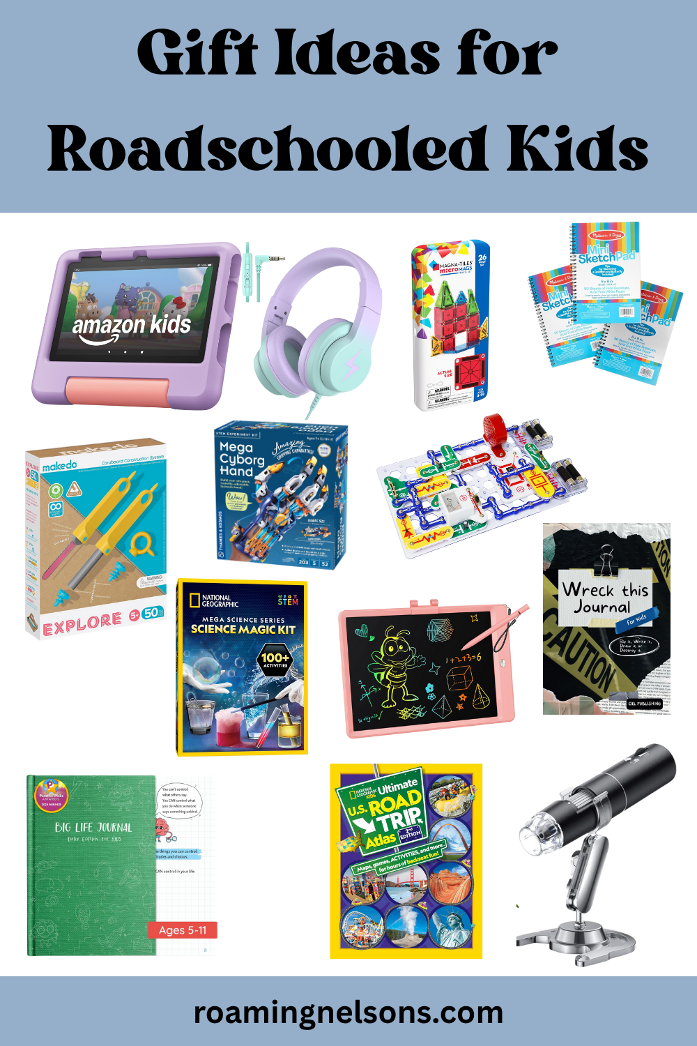 graphic showing gift ideas for roadschool kids