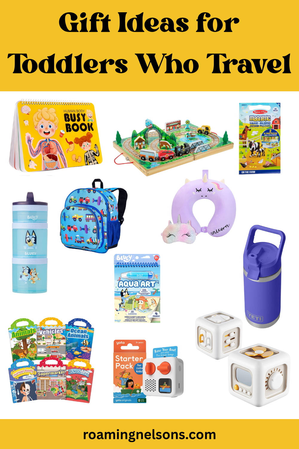 graphic showing gift ideas for toddlers who travel