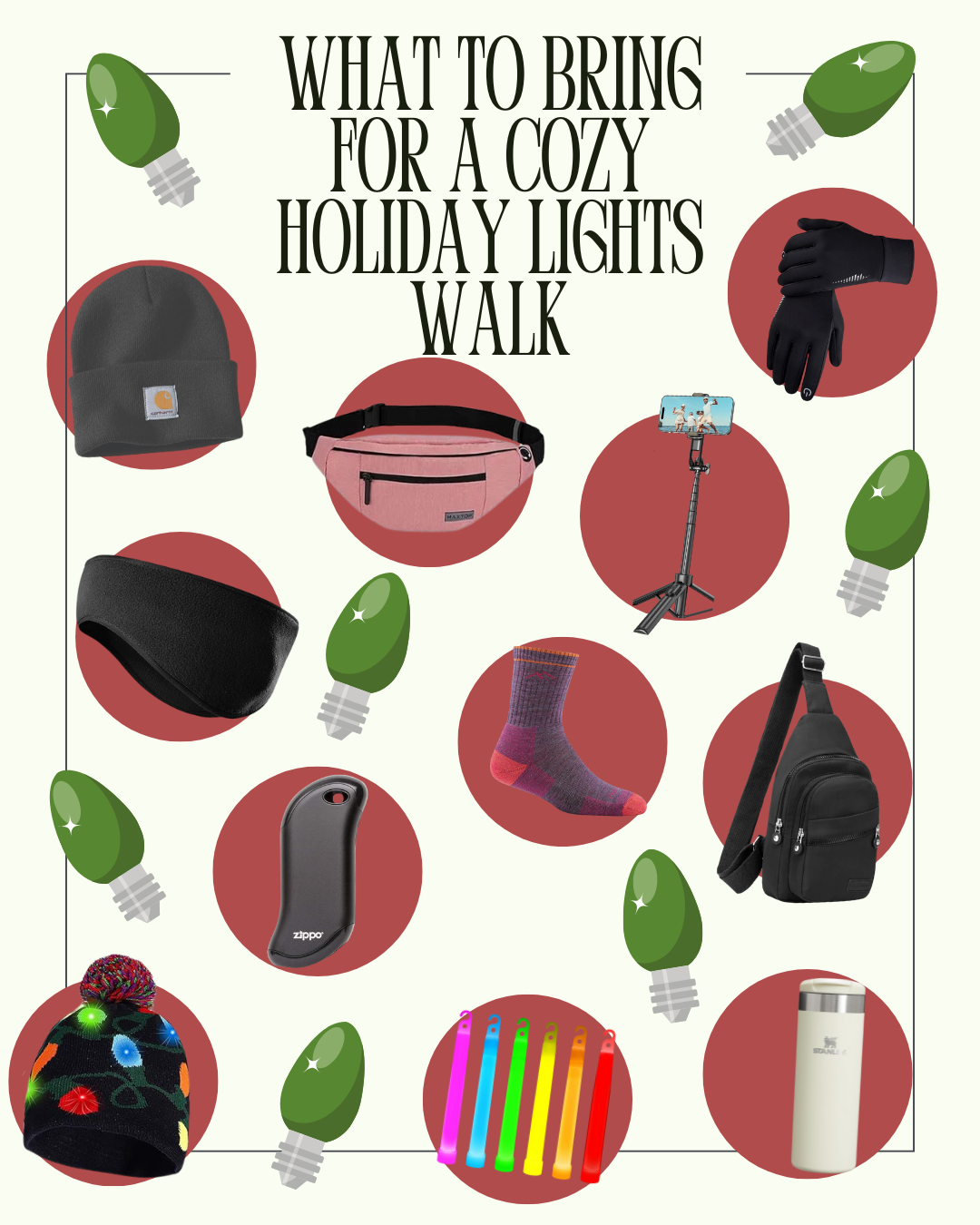 graphic showing what to bring for a cozy holiday lights walk