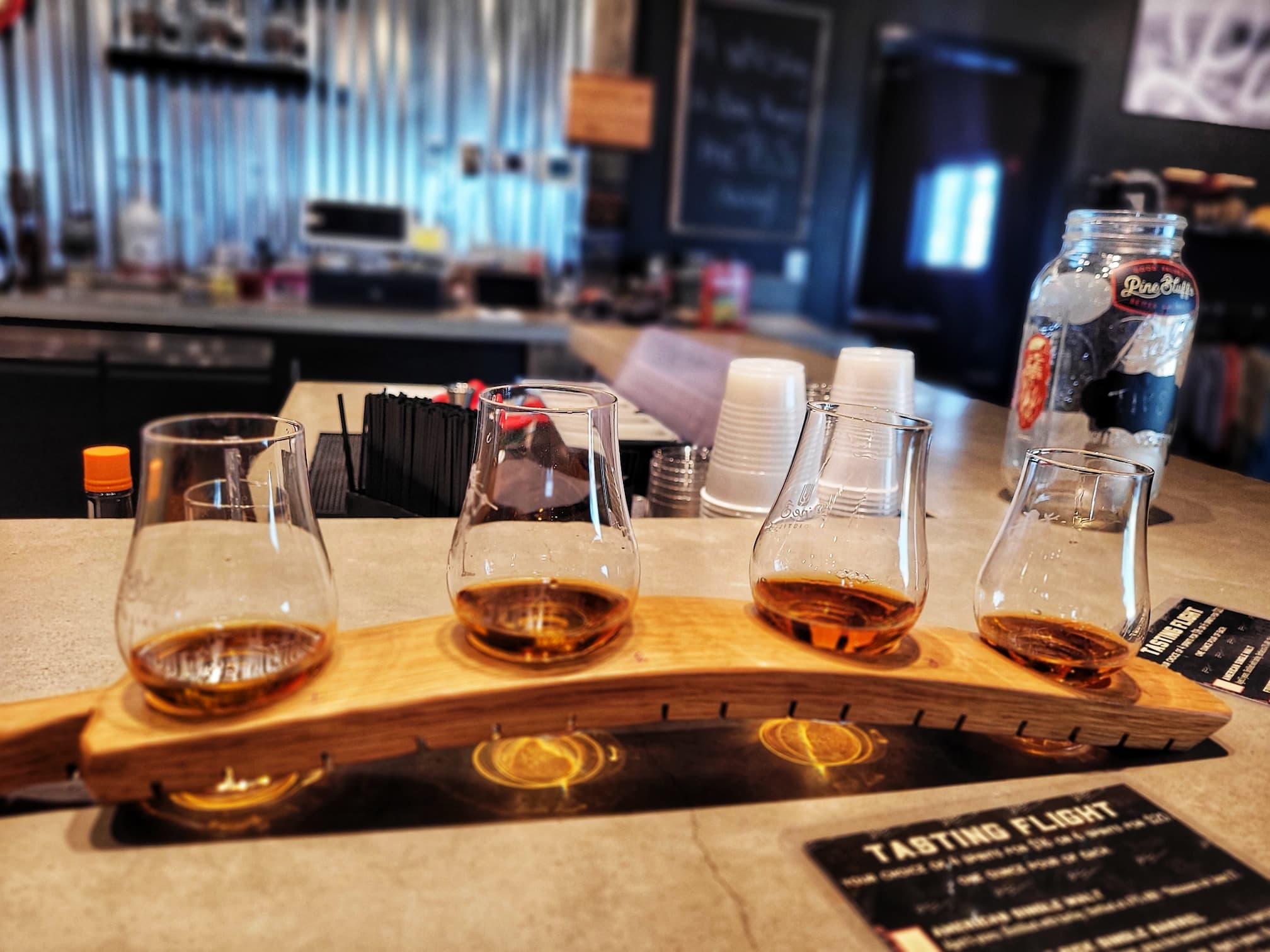 photo of pine bluffs distilling whiskey flight