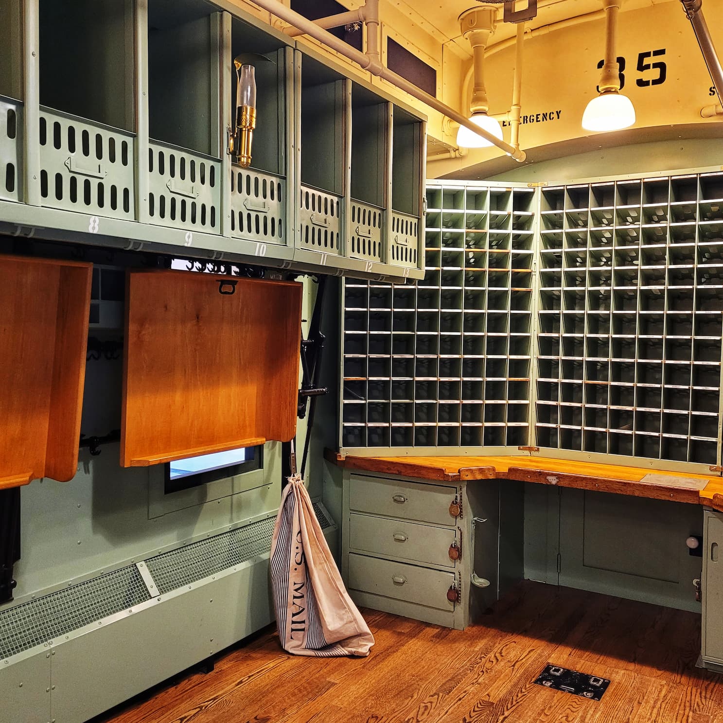 photo of inside of mail railway car