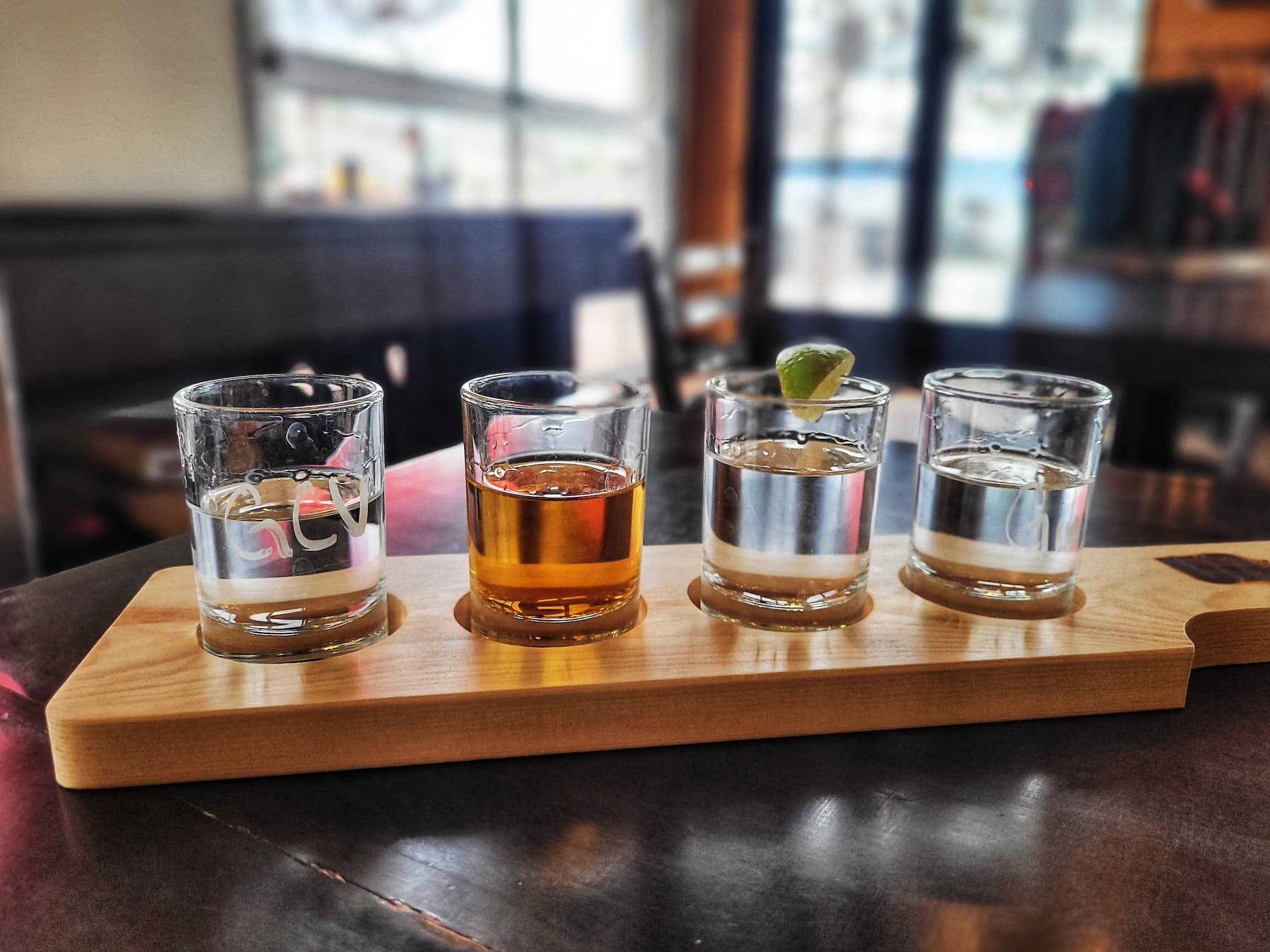 photo of spirits flight at unhinged brewing and distilling
