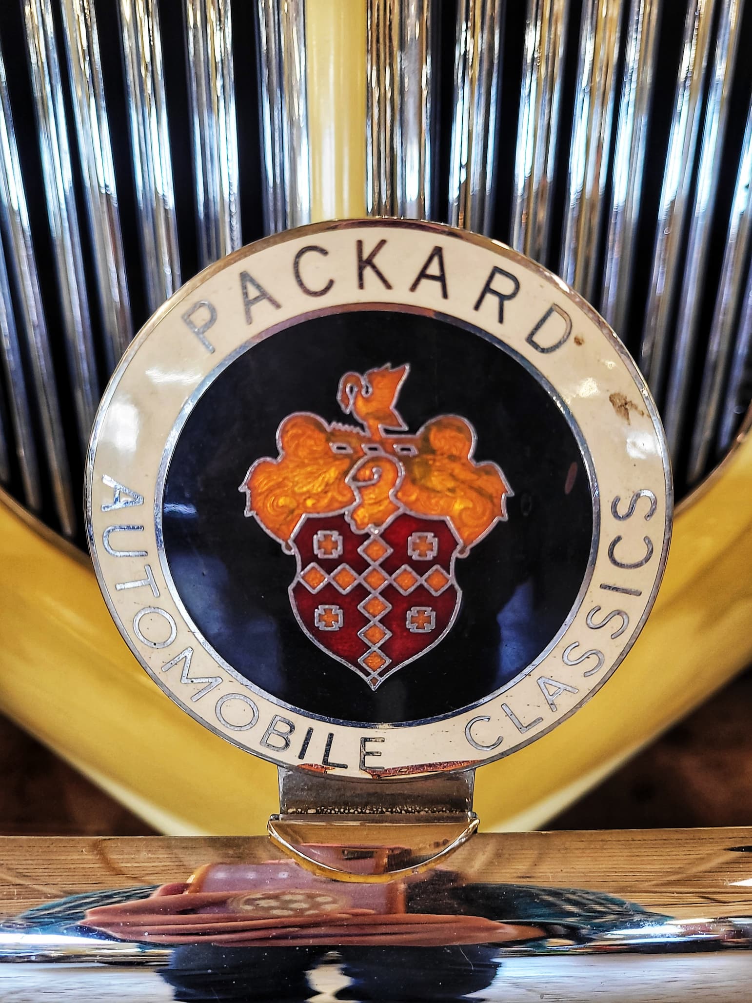 close up of packard emblem