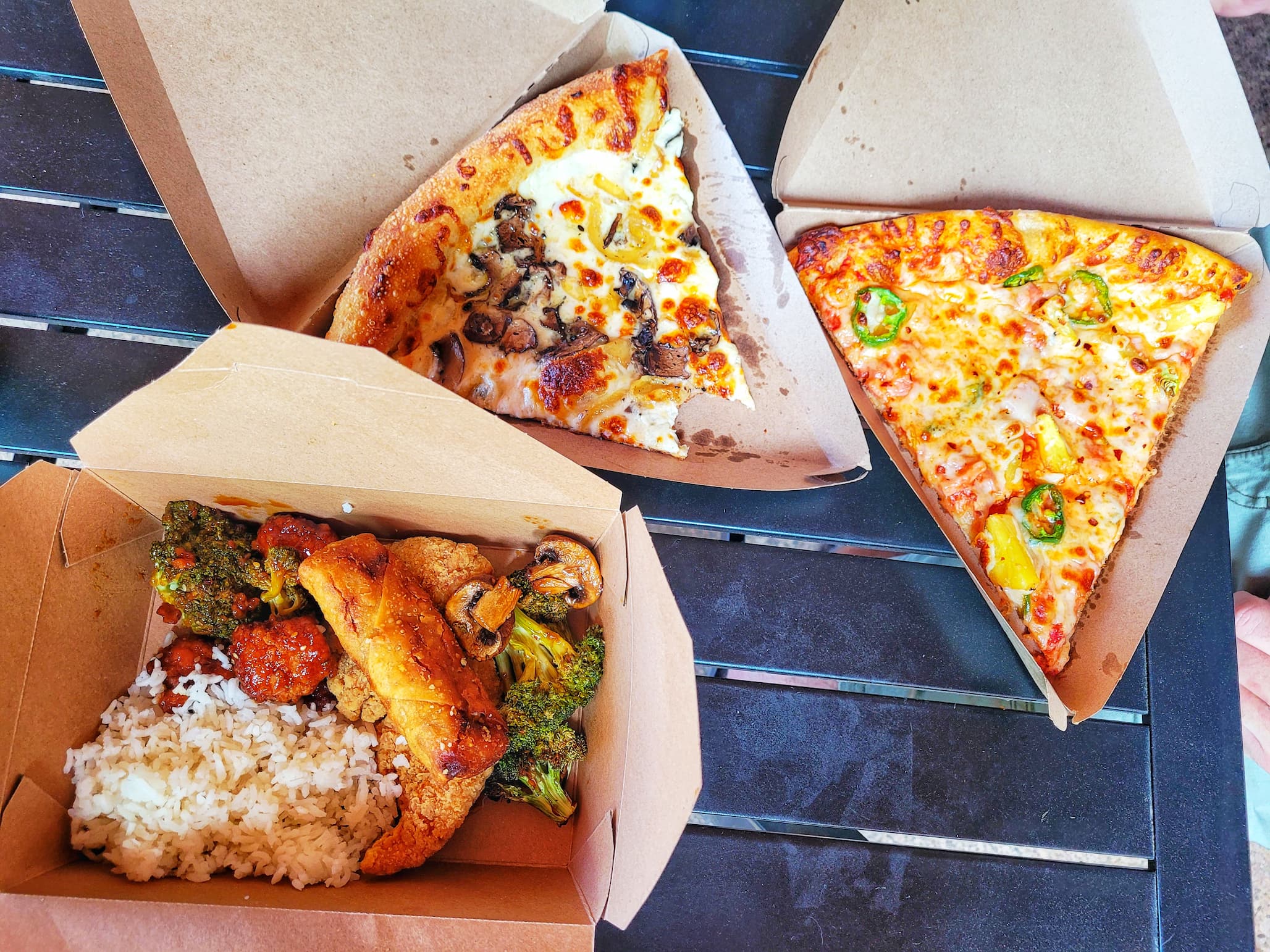photo of whole lunch hot bar food and pizza