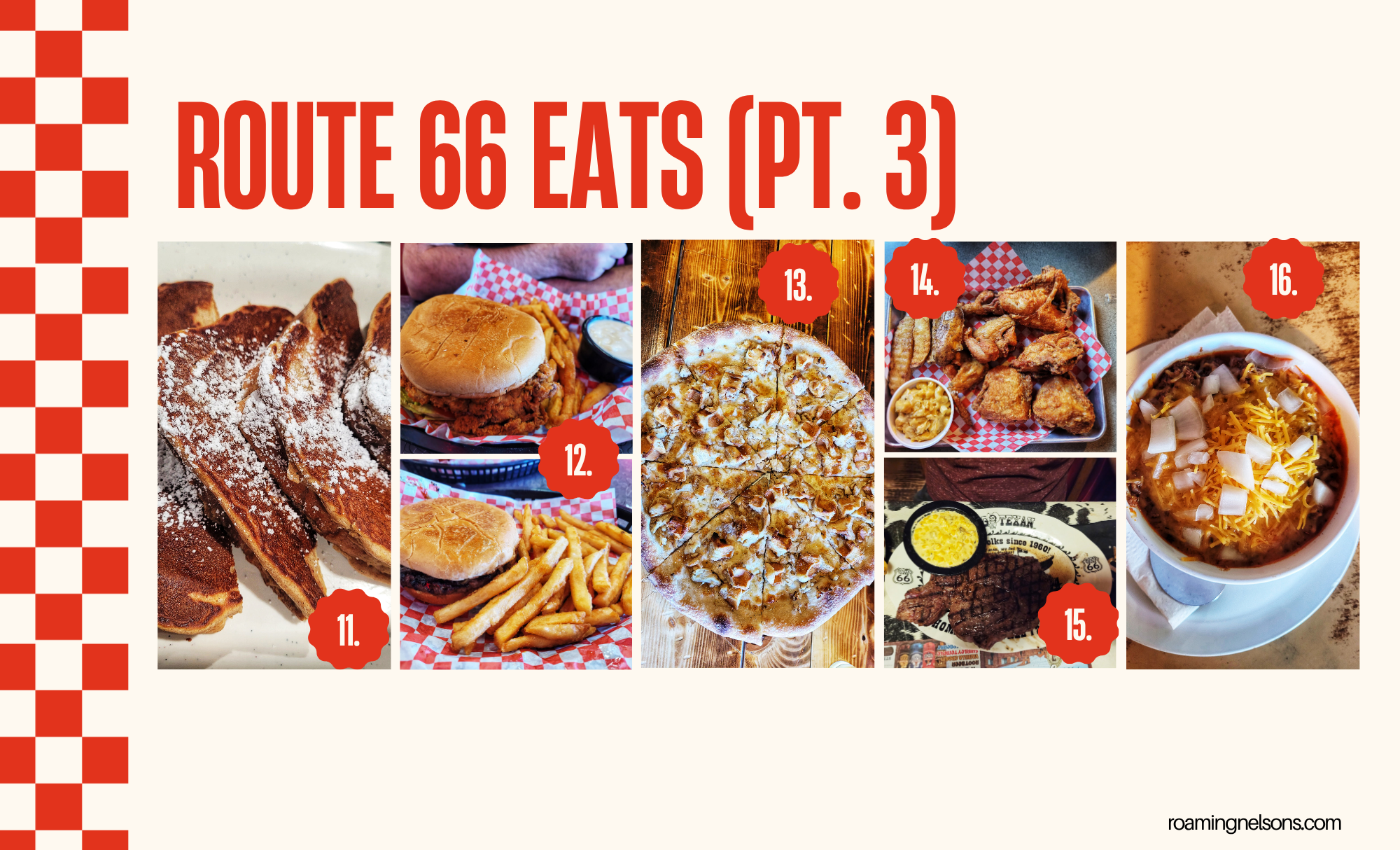graphic that says "route 66 eats" and has photos of various foods