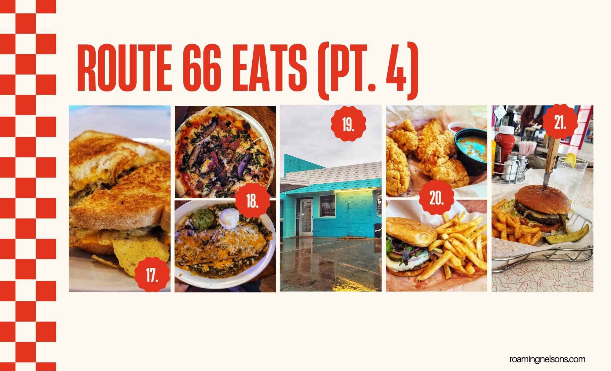 graphic that says "route 66 eats" and has photos of various foods