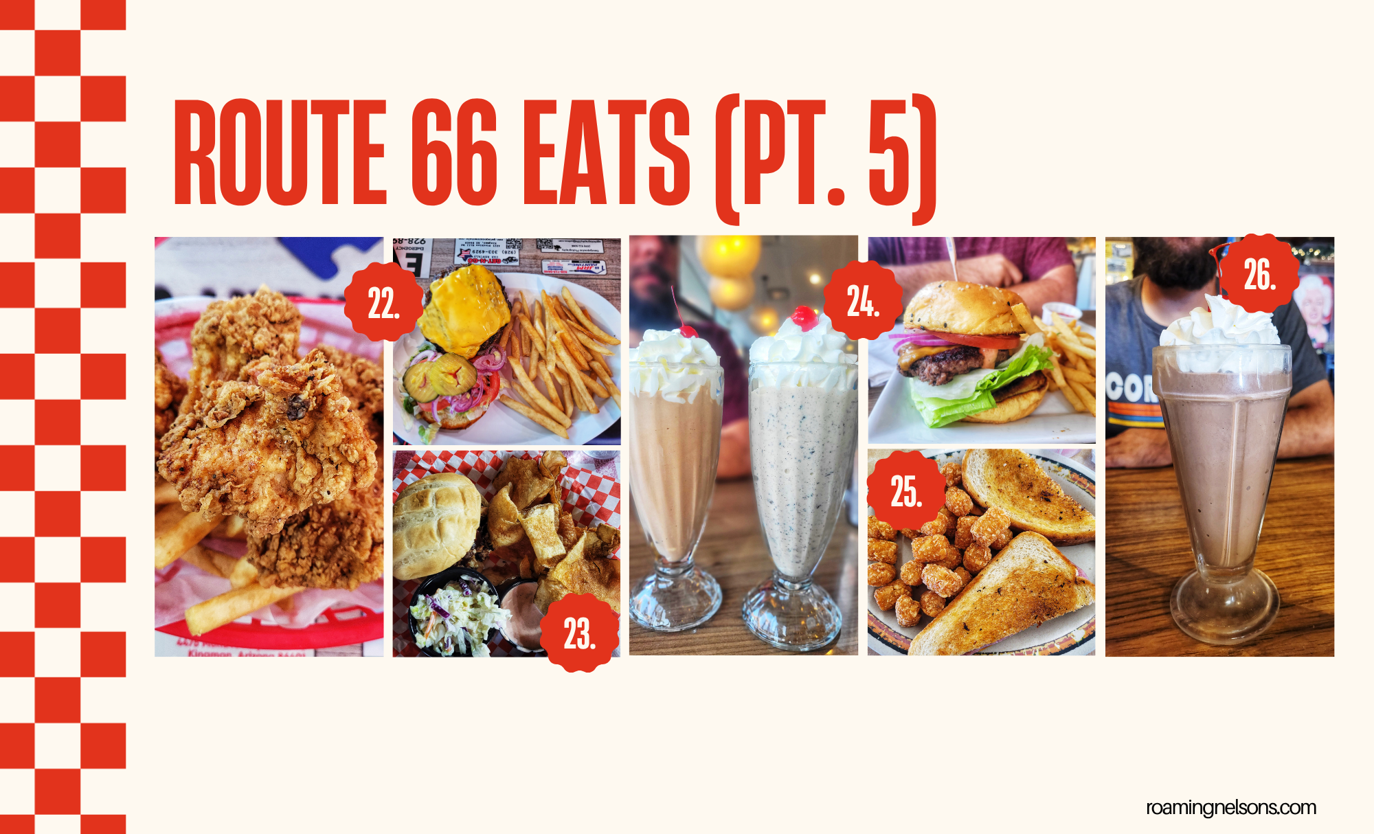 graphic that says "route 66 eats" and has photos of various foods