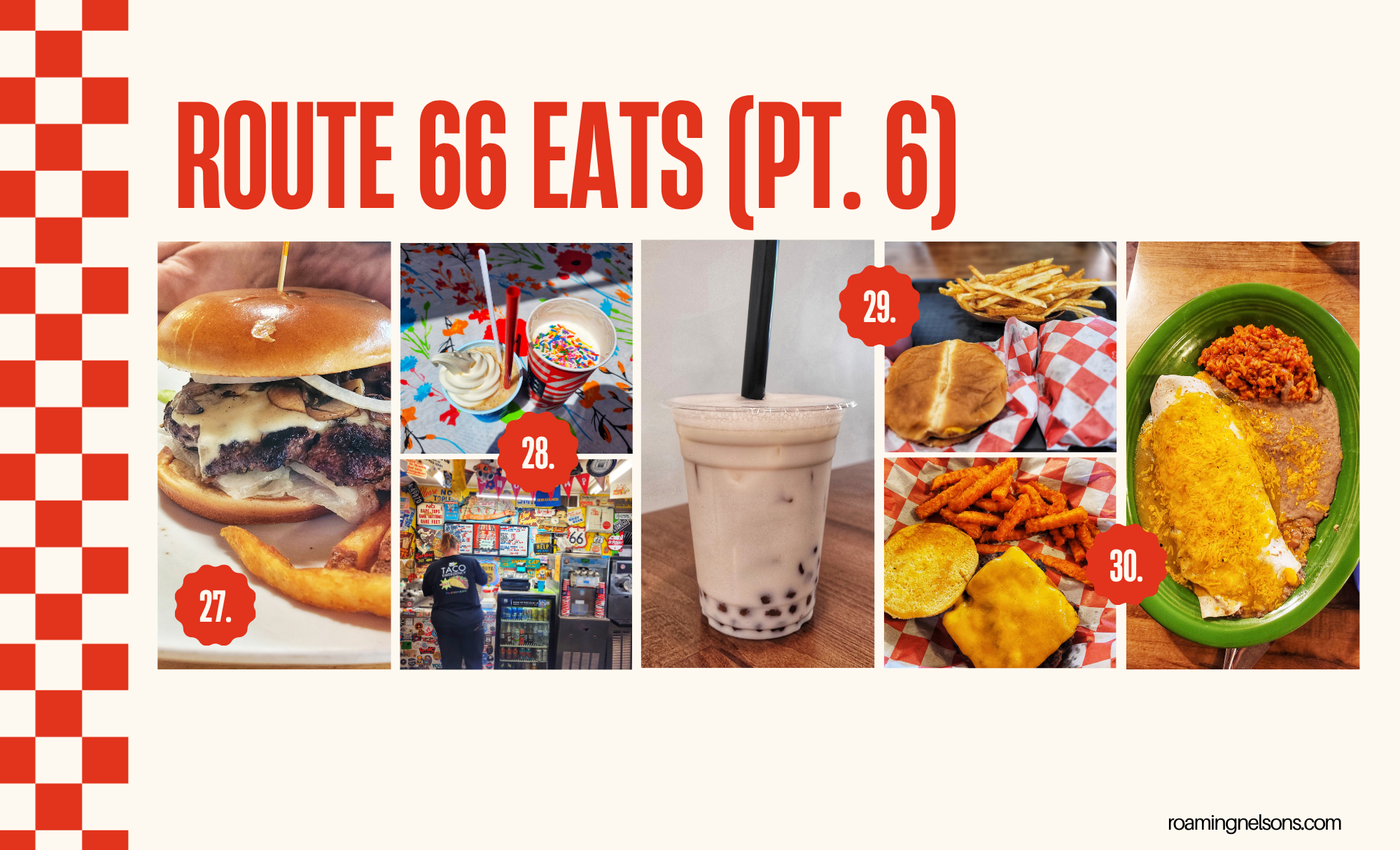 graphic that says "route 66 eats" and has photos of various foods
