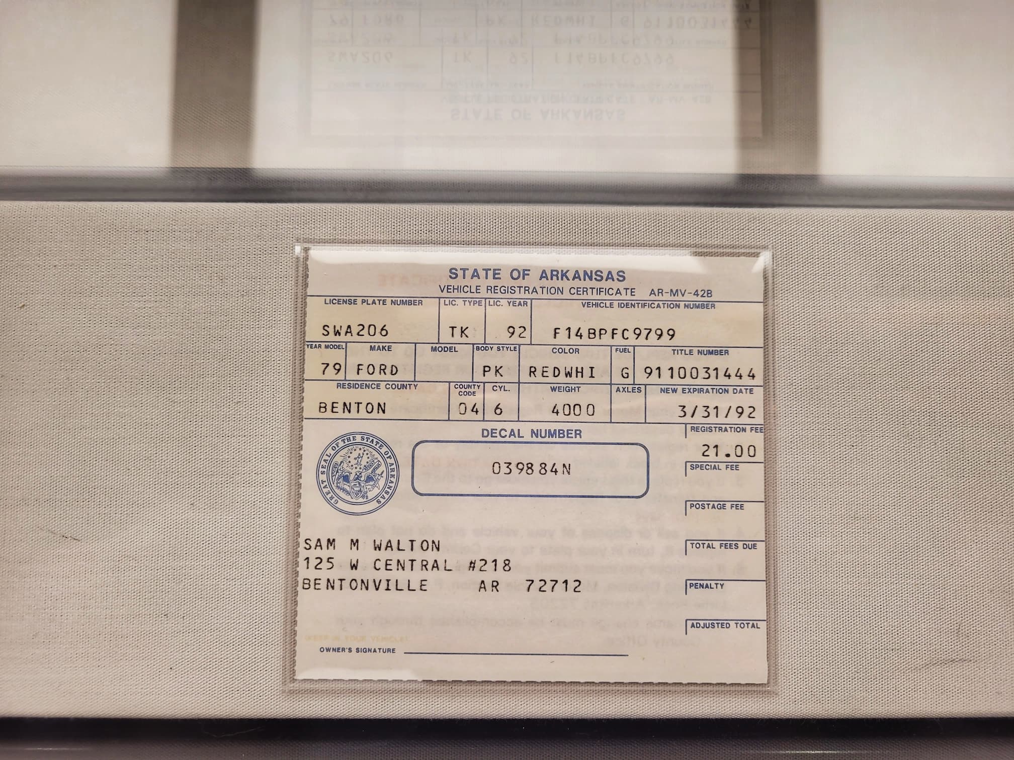 photo of sam walton's truck registration